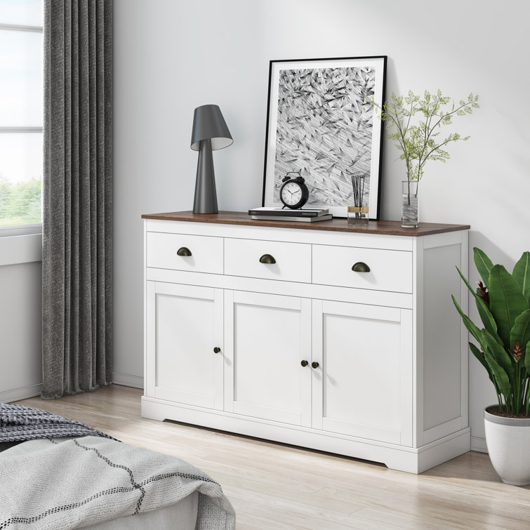 White sideboard deals with wood top